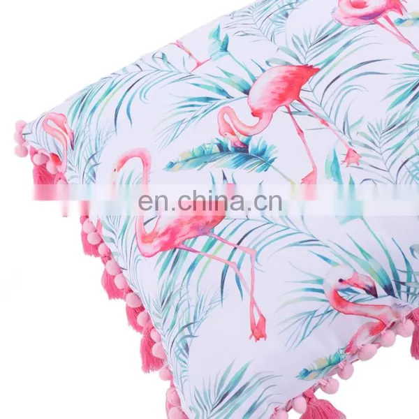 Waterproof Outdoor Use Flamingos Floral Designed Style Printed 100% Polyester Decorative Cushion With Tassels Pompoms photo-3