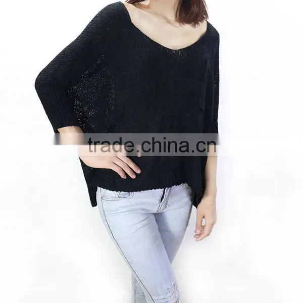 Lady Summer Low Round Neck Pullover Sweater Female Bat Sleeve Hollow Loose Sweater photo-3