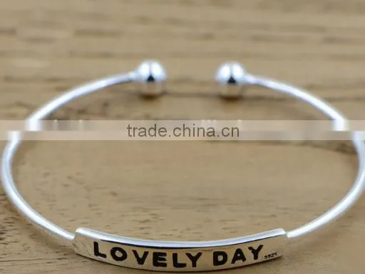 Custom Ball End Silver Signature Engravable Bar Cuff Bangle Bracelet photo-2