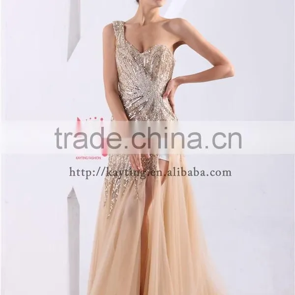 Fashion One Shoulder V Neck Beaded Long Japanese Prom Dresses 2015 Vestidos de Fiesta photo-2