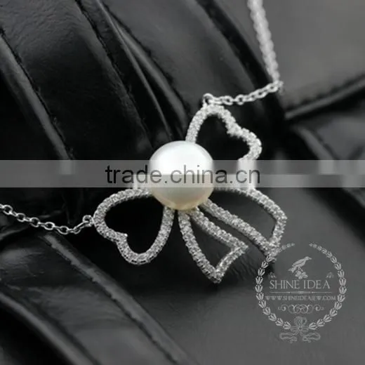 925 Sterling Silver Hollow Bowknot With Pearl Creative Pendant Necklace Fashion Women Necklace Jewelry 6360467 photo-2