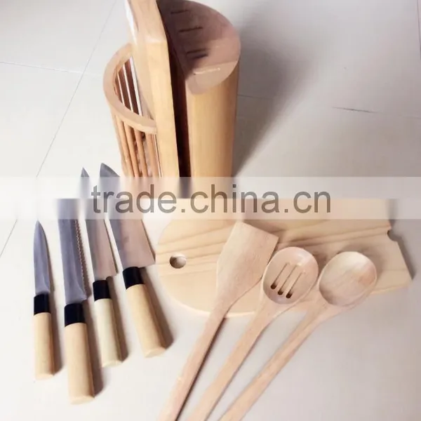 Wooden Knife Block With Three Wooden Utensils, Four Knives and 1chopping Board photo-3