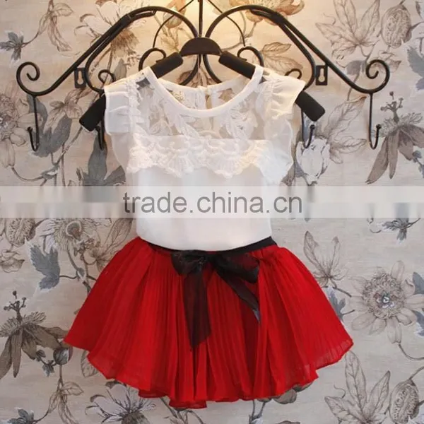 New 2pcs/set Baby Girl Children's Beauty Lace Agaric T-shirt Vest+ Mini Skirt Dress Bow Belt Skirt SV009464# photo-2