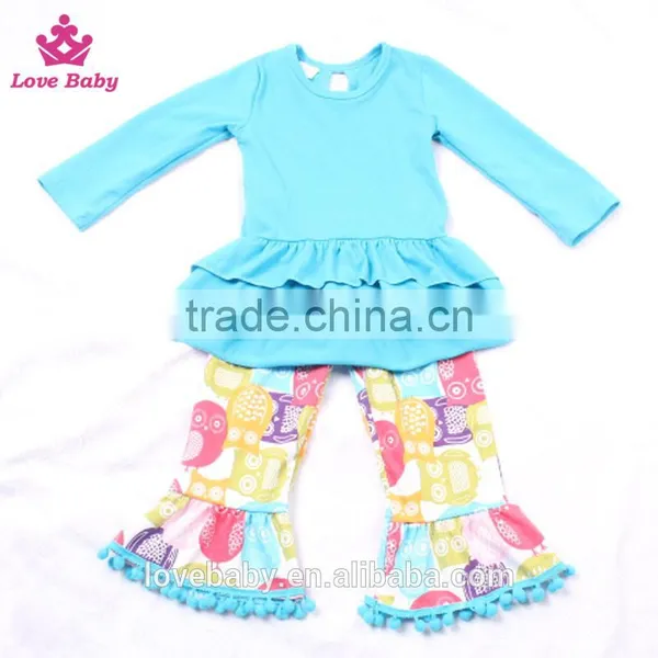 Ruffle Hem Blue Top With Owl Animal Prints Ruffle Pants Outfits Set Toldder Girl Clothing Set LBYTZ001-37 photo-4
