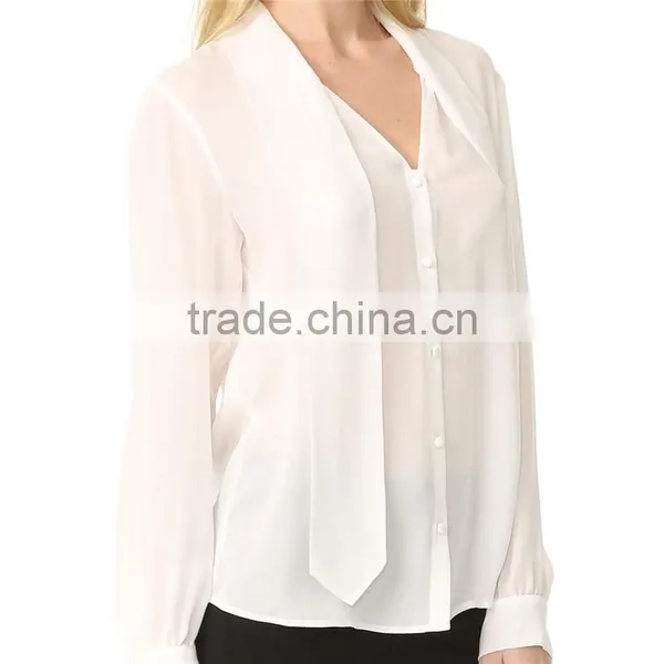 2017 OEM Casual Fine Beam Sleeve Silk Blouse With Neck Tie photo-3