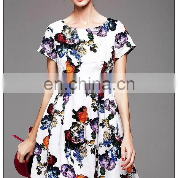Ladies High Quality Short Sleeve Trendy Dress With Gathtering Waist Pretty Print Dress Fashion photo-6