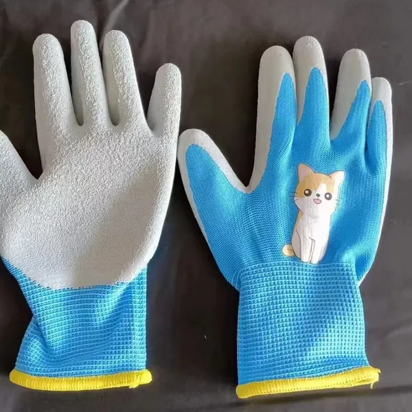 Blue Polyester Thread 13 Gauge Knitted Grey Wrinkled Latex Palm Coated Safety Work Gloves for Children