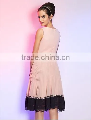 2015 Wholesale Black Lace Side Bateau Pleating Elegant Pink Party Dress photo-3