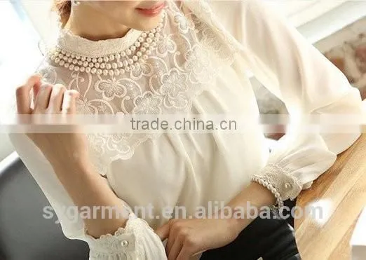 New Women Long Sleeve Render Unlined Upper Garment Sheer Lace Floral Chiffon Blouse White Pearl Collar Tops photo-3