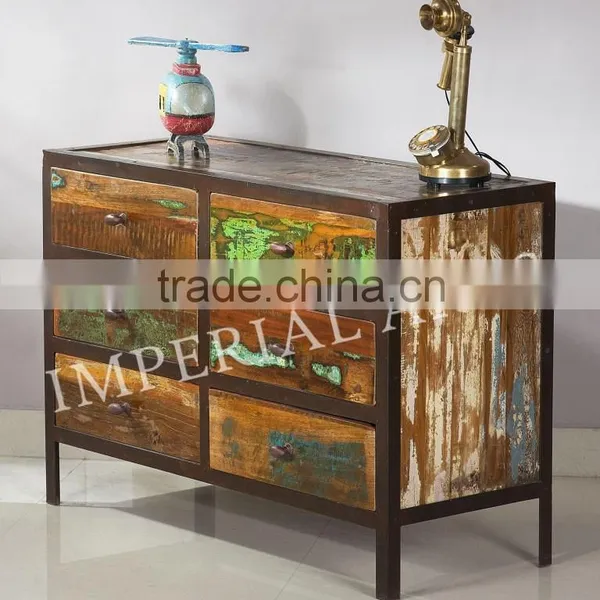 INDIAN IRON BASE RECYCLE WOOD 6 DRAWERS CHEST photo-2