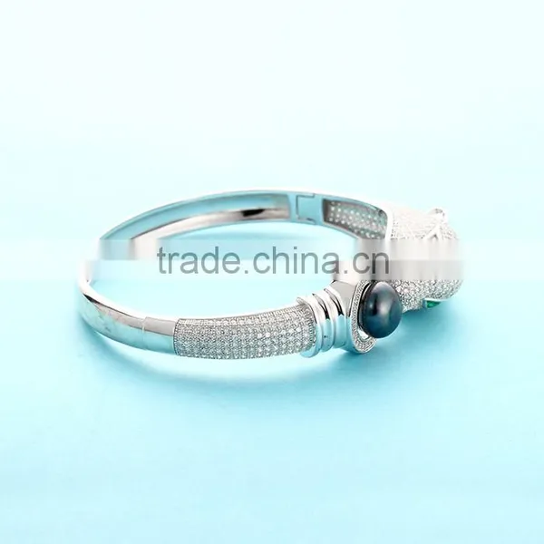 925 Silver Men Lion Head Black Pearl Wholesale Expandable Bangle Bracelet SBG735W photo-3