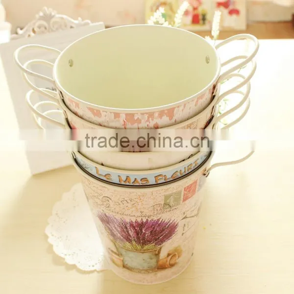 2016 HOT Sale Garden Bucket Tulip Decal Metal Bucket Flower Planter With Handle European Metal Home Decor photo-2