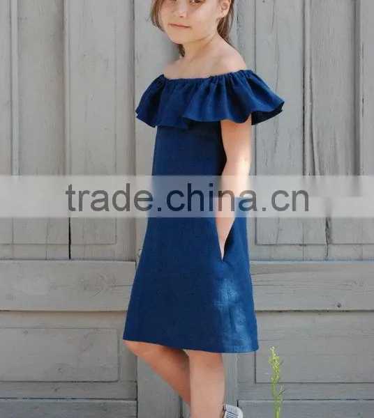 Wholesale Kid Clothing Elegant Summer Girls Dress Off Shoulder Ruffle Dusty Pink Linen Girl Child Dress photo-3