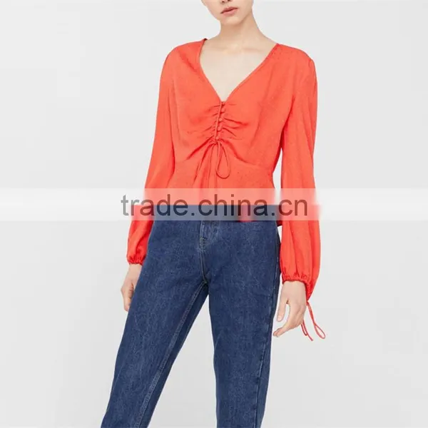 2017 Newest Style Factory Directly Produce Flowy Fluted Hem Button Front Blouse photo-5