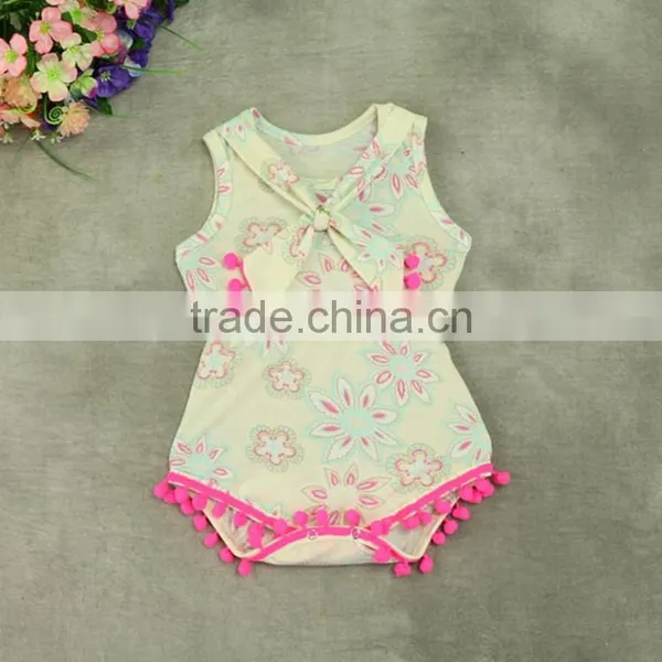 Baby Girls' Cotton Sleeveless Full Flower Print Pom Pom Romper photo-2