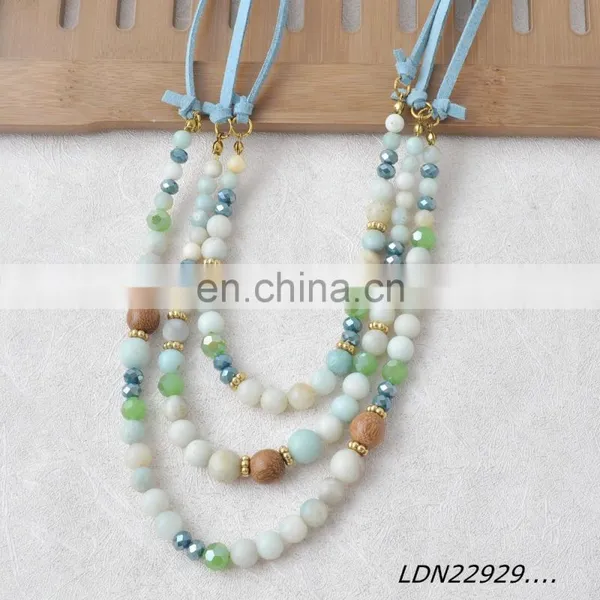 Bohemian Fashion Layered Light Blue Suede Necklace Amazonitel Stone Beaded Necklace photo-4