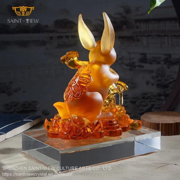 Chinese Horoscope Zodiac Fengshui Lucky Home Office Decor Gift Glass Crystal Rabbit photo-5