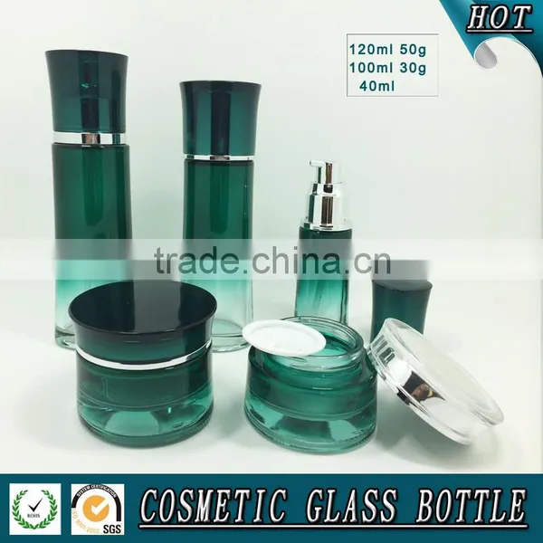 Green Coloured Cosmetic Glass Bottle and Cosmetic Glass Jar photo-2