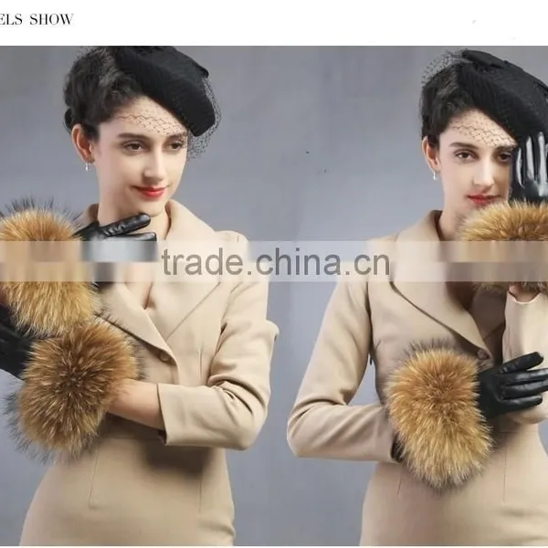 Women Girls Winter Plush Raccoon Fur Leather Mitten Gloves Warm Driving Gift photo-3