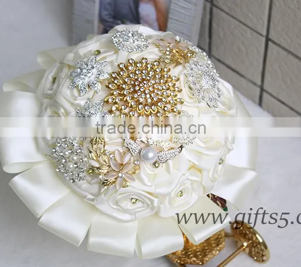 Gold Wedding Bouquet Handmade Flowers Wedding Flowers With Rhinestones photo-2