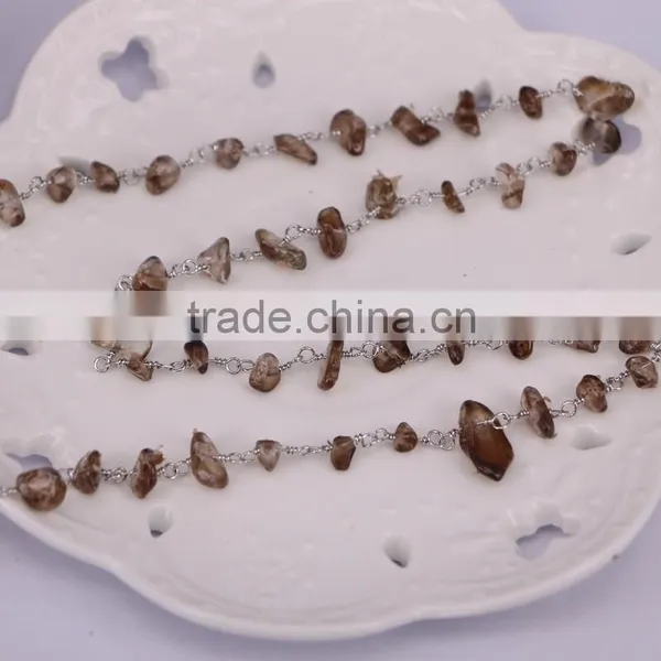 Fashion Rosary Chain Smoky Quartz Chips Beads Free Form Chains Silver Plated Wire Wrapped Chain photo-3