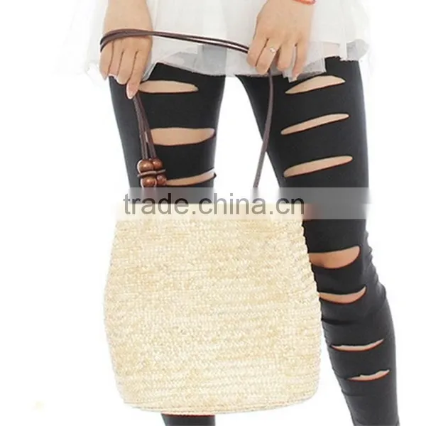 Women Retro Wooden Beads Beach Shoulder Bag Trend Bolsas Femininas Straw Woven Bags Tote Handbag photo-3