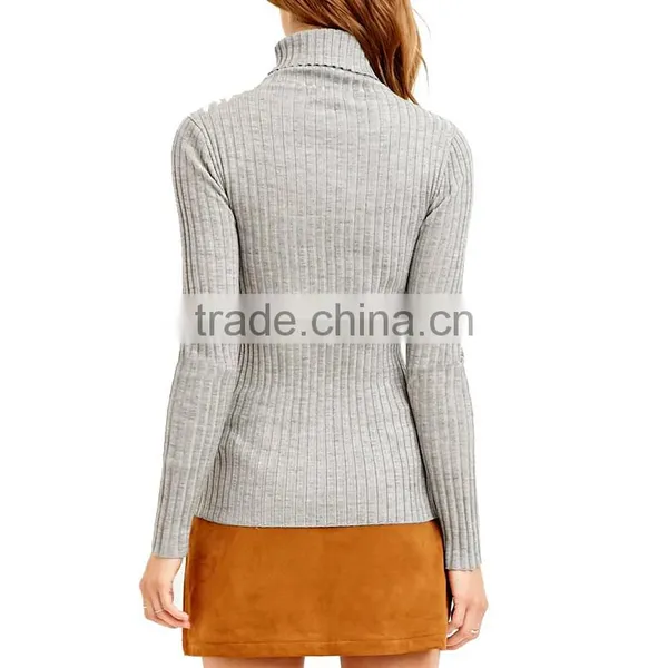 Women High-necked Grey Slim Fit Rib Knit Roll Neck Long Sleeve Knitted Sweater photo-3