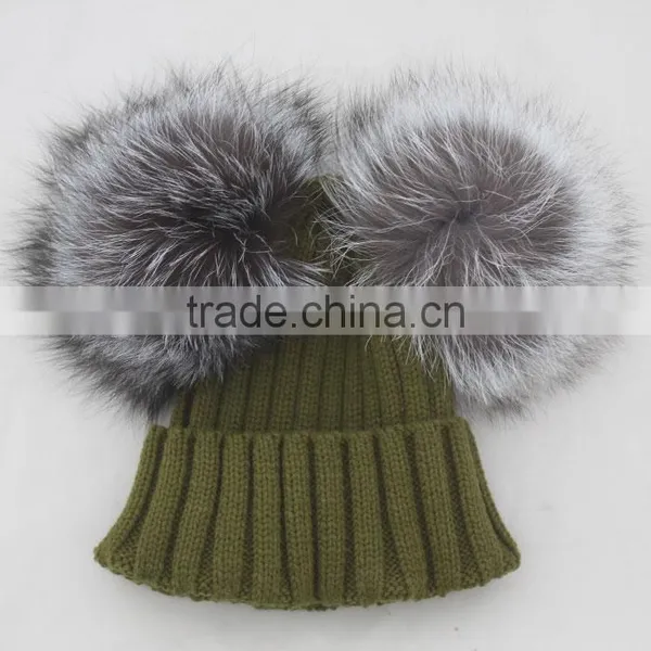 Myfur Bright Orange Wool Beanie With Detachable Double Real Silver Fox Fur Pompoms photo-6