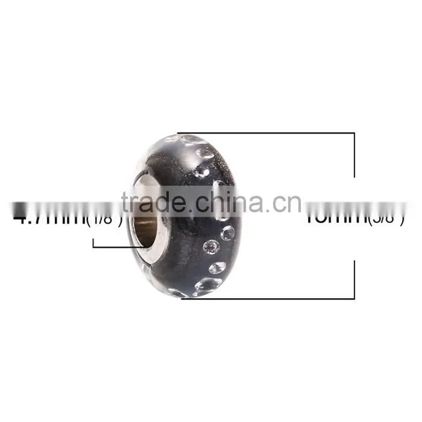 Lampwork Glass & Cubic Zirconia European Style Large Hole Charm Beads Round Black Clear W/ Stainless Steel Silver Tone Core photo-2