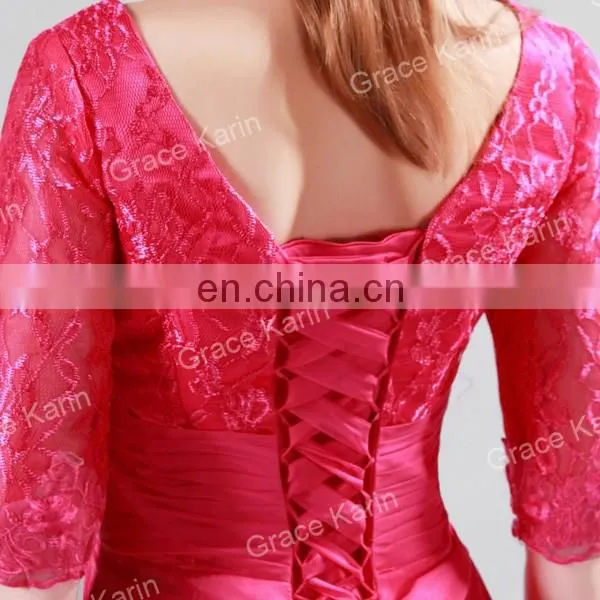 2015 Grace Karin Knee-Length Lace Mother of Bride Dress With Middle Sleeve Women's Black and Red V-Neck CL4363-2# photo-3