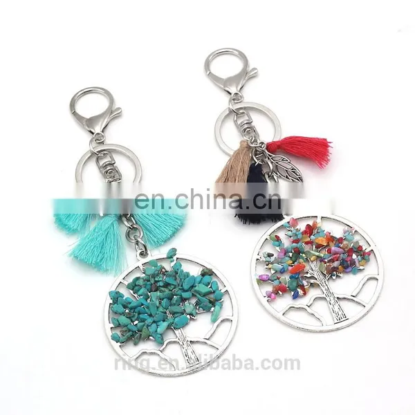 Natural Stone Bead Metal Tree With Tassel Pendant Keychain photo-3