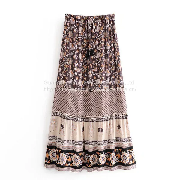 Wholesales Summer Half-length Skirt Retro Rayon Placement Printing 100% Rayon Cotton Tassel Elastic Waist Long Skirt Female photo-2