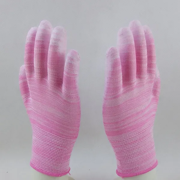 Pink and White Polyester Knitted pu Palm Coated Anti-static Safety Work Gloves photo-5