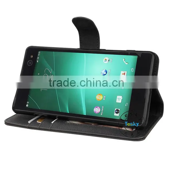 Flip Wallet Style Magnetic Folio PU Leather Skin With Card Slots Wallet Case Cover For Sony Xperia C4 Phone Case Black