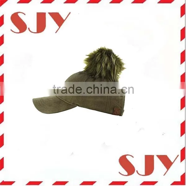 Women's Faux Leather Fur Pom Pom Adjustable Baseball Cap photo-3