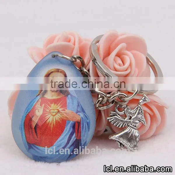 2016 New Design Key Chain Ring Custom Key Holder Blue Clearly Color Glass Sacred Heart Key Chain Split Key Ring Clip Wholesale photo-3