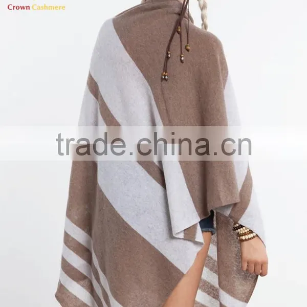 Cashmere Wool Knitted Poncho Shawls With Buttons Stripe Color Block Shawl photo-3