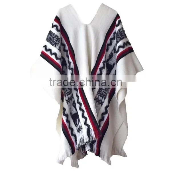 3/4 Sleeve Super Soft Warm Geometric Pattern 100% Llama Wool Poncho photo-5