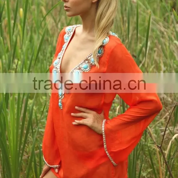 Beautiful Kurti Tunic Womens Embroidered Beach Tunic Tops Blouse Beaded Neckline Kurti for Girls Solid Cotton Viscose Long Beach photo-3