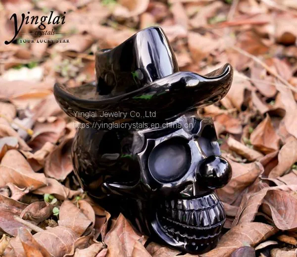 Obsidian Human Skull With Hat Crystal Skull