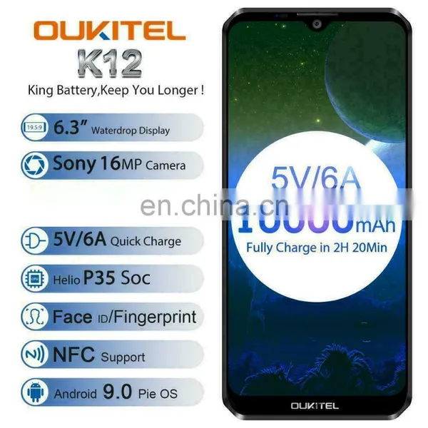 5V/6A Quick Charge Smartphone OUKITEL K12 6.3' MTK6765 Octa-core 6GB+64GB 10000mAh Battery Best Quality Android 9.0 4G Mobile photo-2