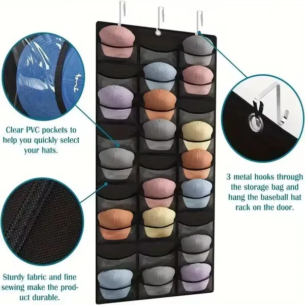 Hat Organizer Racks for Baseball Caps, Visible Hat Holder Rack for Wall Door With 3 Hooks, 27 Deep Pockets photo-2