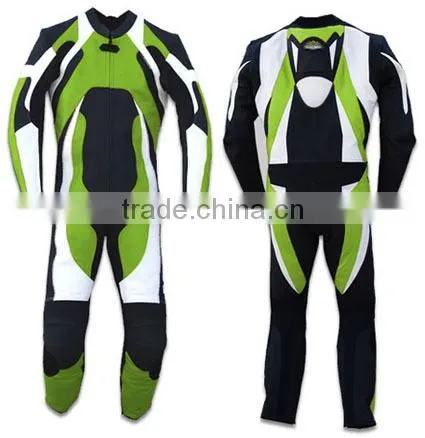 Leather Motor Bike Racing Biker Suit White Green Black Contrasting