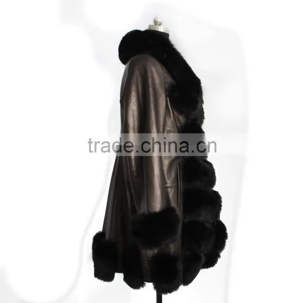 Leather Jacket With Fox Fur Trim / Sheep Leather Fur Coat photo-3