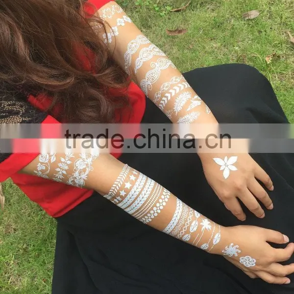 2016 HOT Silk Screen Body Tattoo White Temporary Metallic Tattoo Sticker