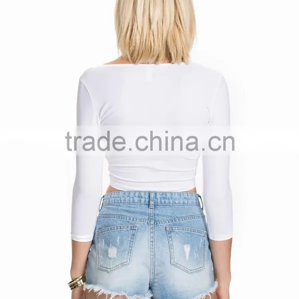 Latest New Design v Neck Crop Top Plain Wholesale Long Sleeve Women Crop Top photo-3