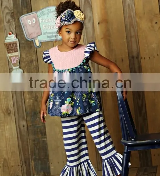 Newest Summer Persnickety Remake Girls Boutique Outfit Children Floral Ruffle Princess Dress and Stripe Capris Set photo-3