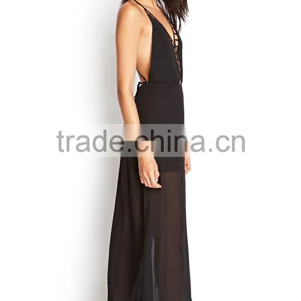 Hot Selling Women Spaghetti Strap Chiffon Evening Dress Plain Black Chiffon Evening Dress Backless Chiffon Evening Dress photo-3