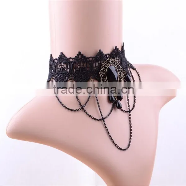 Palace Retro Gothic Lolita Black Tassel Lace Necklace Choker Droplets Multilayer Female Jewelry photo-3
