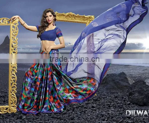Latest Movie Blue Silk Georgette Saree photo-2
